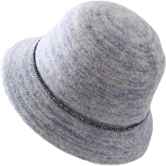 CoCopeaunts Women Bucket Hat with Small Beads Decorate Vintage Solid Color Faux Wool Felt Hat Winter Warm Church Bowler Hat