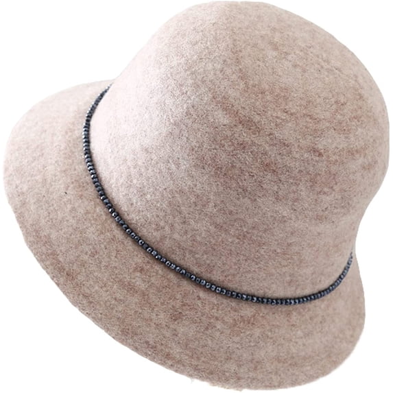 CoCopeaunts Women Bucket Hat with Small Beads Decorate Vintage Solid Color Faux Wool Felt Hat Winter Warm Church Bowler Hat