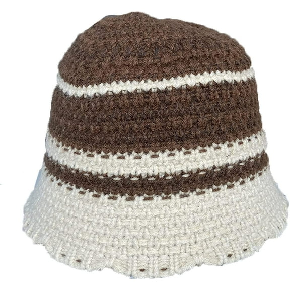 CoCopeaunts Women Crochet Bucket Hat Piece Color White Strips Knit Hat Autumn Winter Trendy Outdoor Wide Brim Cold Proof Cap