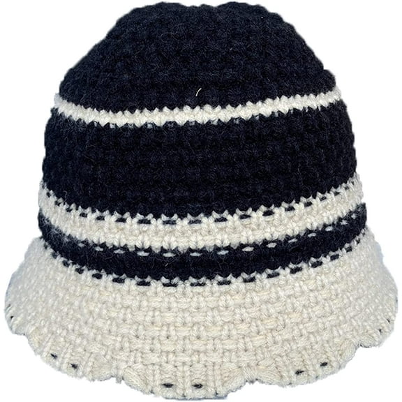 CoCopeaunts Women Crochet Bucket Hat Piece Color White Strips Knit Hat Autumn Winter Trendy Outdoor Wide Brim Cold Proof Cap