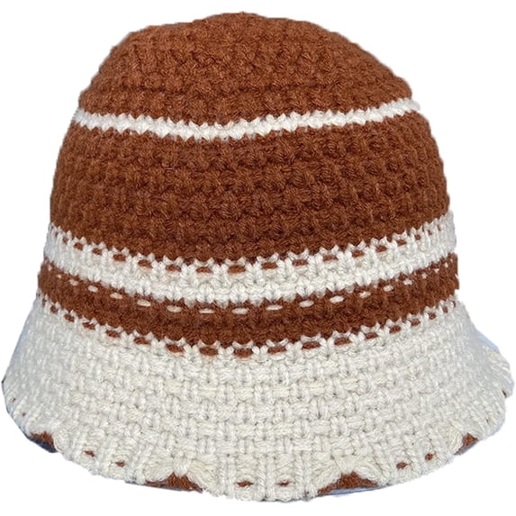 CoCopeaunts Women Crochet Bucket Hat Piece Color White Strips Knit Hat Autumn Winter Trendy Outdoor Wide Brim Cold Proof Cap