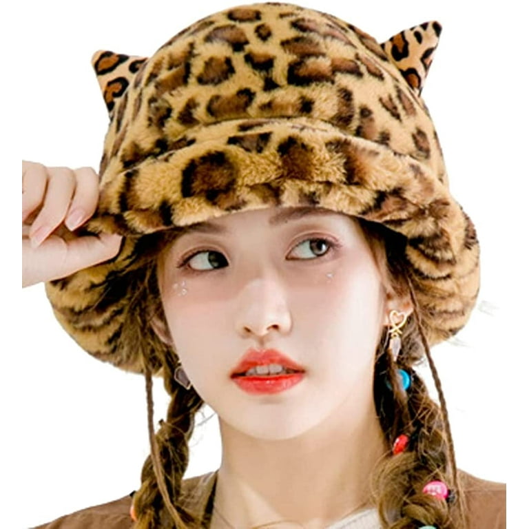 CoCopeaunts Women Faux Fur Bucket Hat Cute Cat Bucket Hat Winter Fuzzy  Fisherman Hats Fluffy Plush Fisherman Cap 
