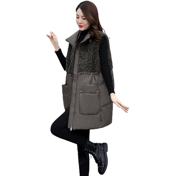 CoCopeaunts Women Fleece Vest Lightweight Zipper Down Padded Coat Warm Puffer Stand Collar Vest with Pockets
