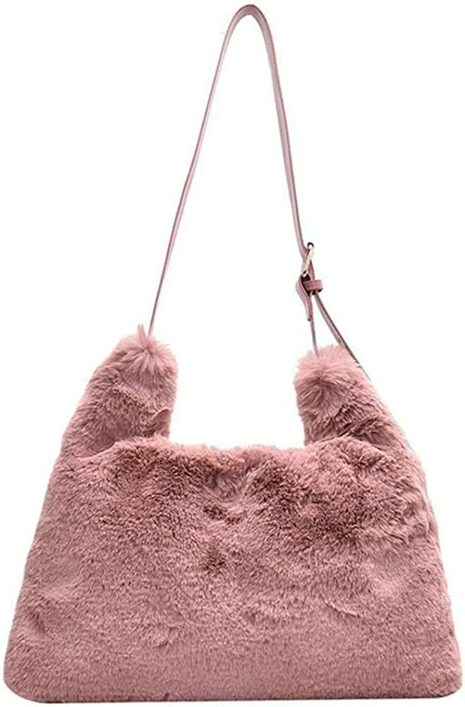 CoCopeaunts Women Fluffy Shoulder Bag Faux Fur Tote Bag Adjustable PU  Shoulder Strap Top-handle Handbag for Women 