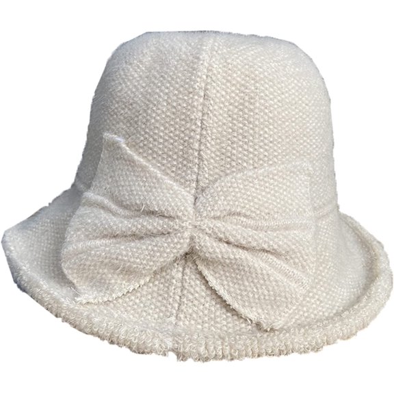 CoCopeaunts Women Girls Bucket Hat Winter Bowknot Bucket Cap Foldable Cloche Party Daily Costume Accessory Warm Soft Cloche Cap