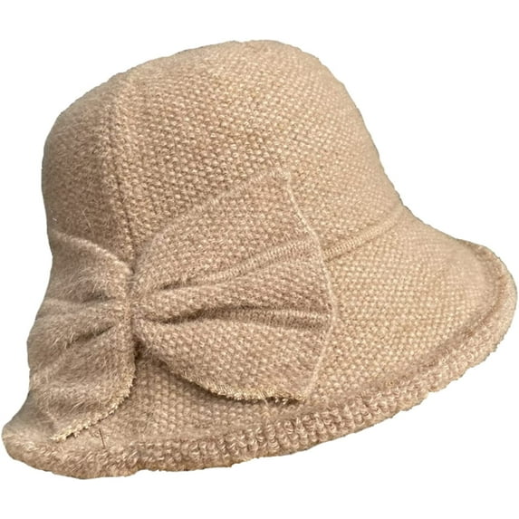 CoCopeaunts Women Girls Bucket Hat Winter Bowknot Bucket Cap Foldable Cloche Party Daily Costume Accessory Warm Soft Cloche Cap