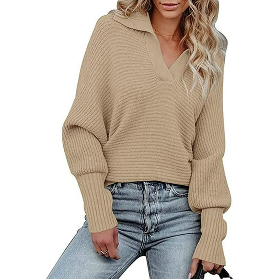 CoCopeaunts Women Knitted Sweater Tops Lapel Collar Long Sleeve Pullover Ribbed Knit Solid Color Sweaters Top