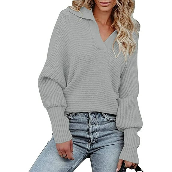 CoCopeaunts Women Knitted Sweater Tops Lapel Collar Long Sleeve Pullover Ribbed Knit Solid Color Sweaters Top