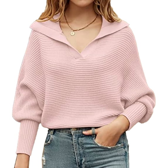 CoCopeaunts Women Knitted Sweater Tops Lapel Collar Long Sleeve Pullover Ribbed Knit Solid Color Sweaters Top