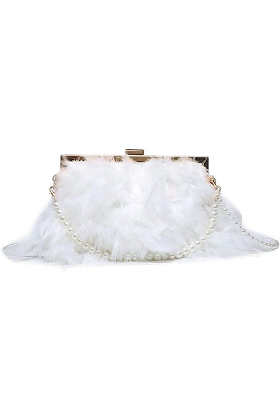 Women Lady luxury Feather Handbag Elegant Shoulder Evening Bag Cute Purse with Pearl Strap
