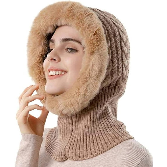 CoCopeaunts Women One Piece Slouchy Beanie Hats Fleece Lined Knit Hooded Balaclava Scarf Set Skull Ski Snow Hat Cap with Scarf