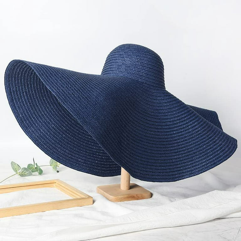CoCopeaunts Women Oversized Sun Shade Hat Summer Large Wide Brim Foldable Sun  Hats Travel Straw Hat Lady Protection Beach Hat (Navy Blue) 