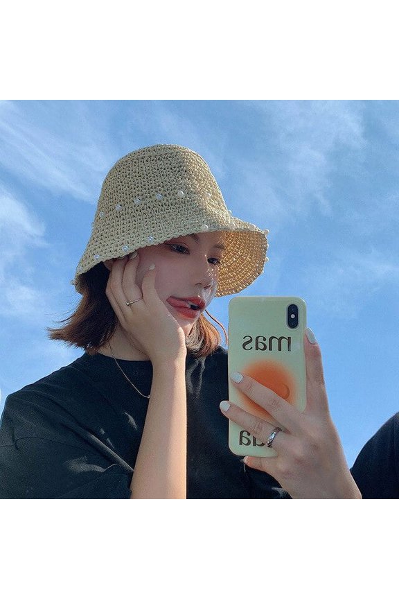 Women Pearl Handmade Sun Hat Summer Wide Brim Floppy Fishermen Hats Outdoor Beach Panama Bob Dome Bucket Hat Femme Sunscreen Cap