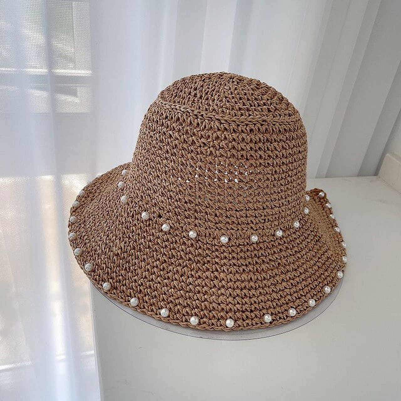 CoCopeaunts Women Pearl Handmade Sun Hat Summer Wide Brim Floppy