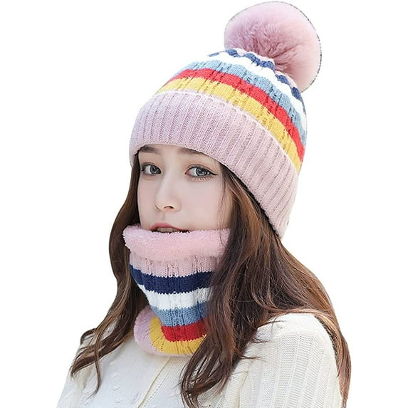 CoCopeaunts Women Pom Beanie Hat Scarf Set Girls Winter Knit Hat Warm Slouchy Ski Skull Cap Scarf Set
