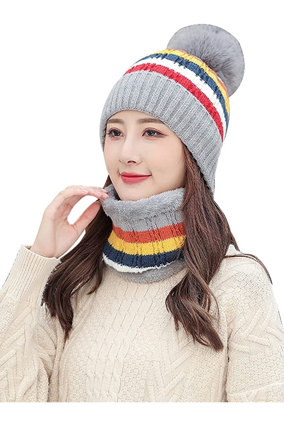 Women Pom Beanie Hat Scarf Set Girls Winter Knit Hat Warm Slouchy Ski Skull Cap Scarf Set