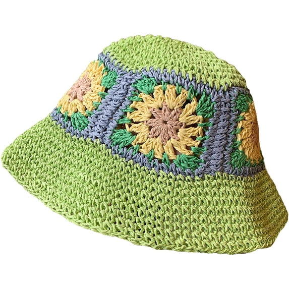CoCopeaunts Women Straw Bucket Hat Flowers Pure Hand-Woven Crochet Fisherman Hat Beach Summer Breathable Hollow Bucket Cap
