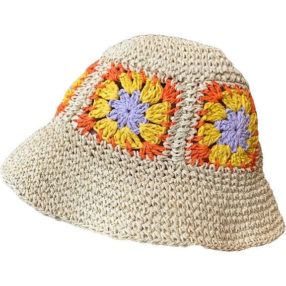 CoCopeaunts Women Straw Bucket Hat Flowers Pure Hand-Woven Crochet Fisherman Hat Beach Summer Breathable Hollow Bucket Cap