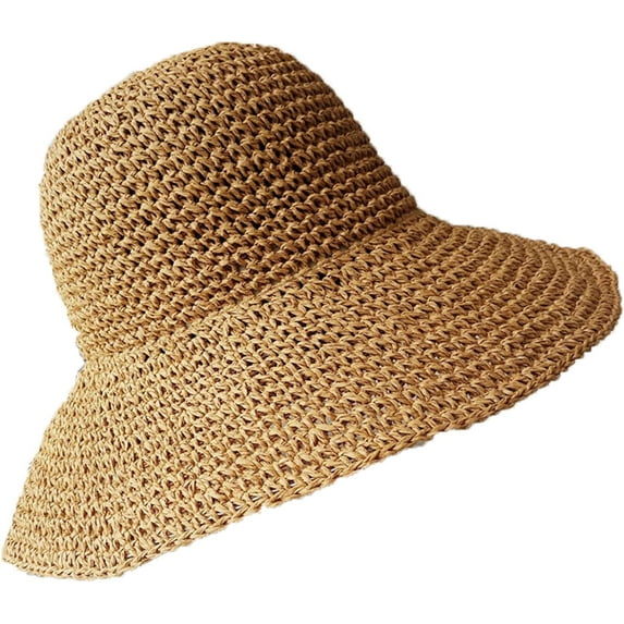 CoCopeaunts Women Straw Bucket Hat Wide Brim Summer Breathable Hollow-Out Bucket Cap Woven Foldable Roll up Floppy Basin Hat