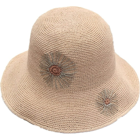CoCopeaunts Women Straw Bucket Hat Wide Brim Sunshade Vacation Beach Sunflower Embroidery Summer Handmade Packable Fisherman Hat