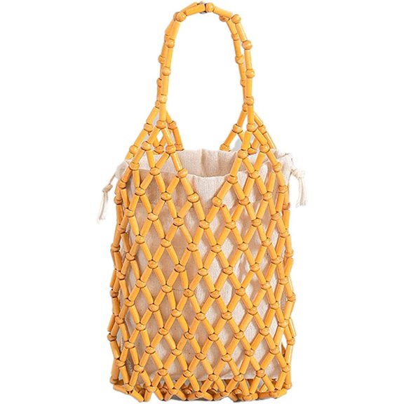 CoCopeaunts Women Summer Beach Bag Luxury Handmade Woven Wood Beads Hobo Handbag Retro Vacation Party Bucket Bag