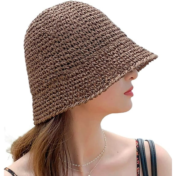 CoCopeaunts Women Sun Hat Wide Brim Sun Hat for Women Cute Woven Knitted Straw Hat Foldable Bucket Hat Outdoor Holiday Beach Hat