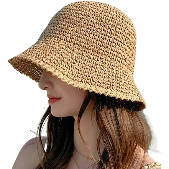 CoCopeaunts Women Sun Hat Wide Brim Sun Hat for Women Cute Woven Knitted Straw Hat Foldable Bucket Hat Outdoor Holiday Beach Hat