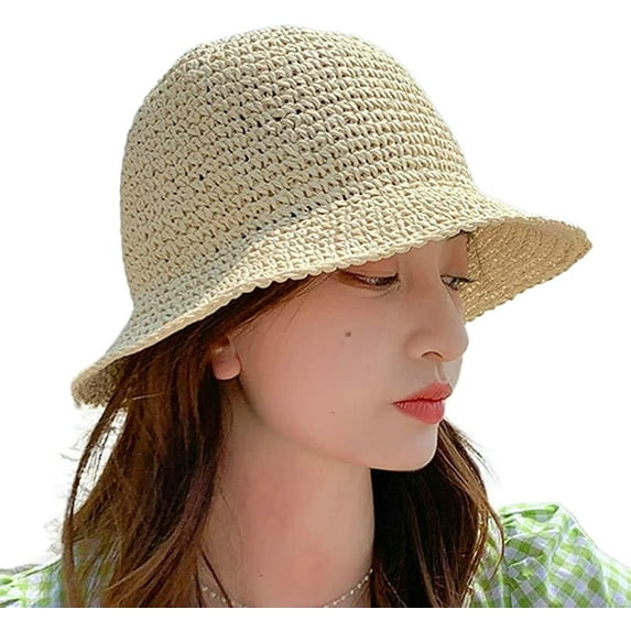 CoCopeaunts Women Sun Hat Wide Brim Sun Hat for Women Cute Woven Knitted Straw Hat Foldable Bucket Hat Outdoor Holiday Beach Hat