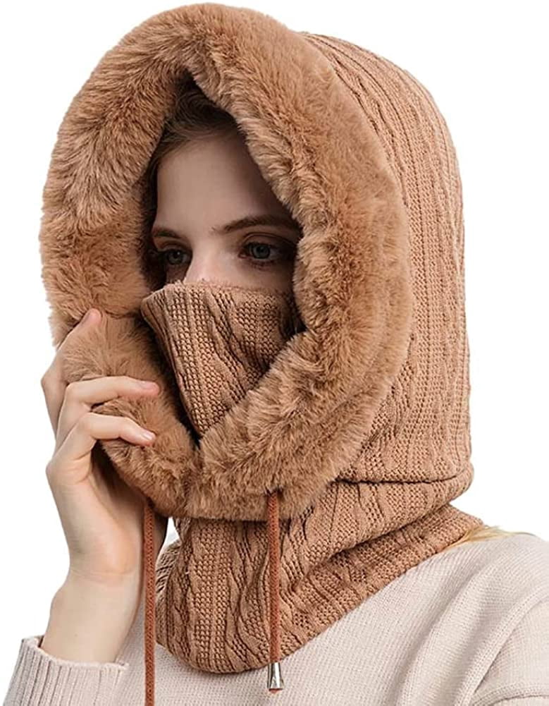 CoCopeaunts Women Winter Fleece Beanie Hat One-Piece Drawstring Knit Beanie Hats Scarf Mask Ski Snow Skull Hat Cap