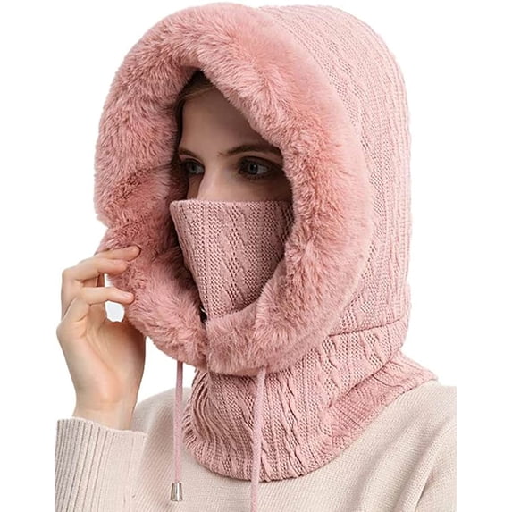 CoCopeaunts Women Winter Fleece Beanie Hat One-Piece Drawstring Knit Beanie Hats Scarf Mask Ski Snow Skull Hat Cap