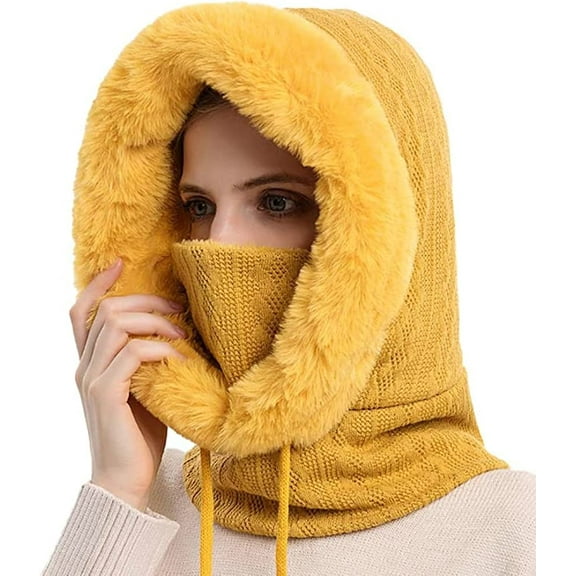 CoCopeaunts Women Winter Fleece Beanie Hat One-Piece Drawstring Knit Beanie Hats Scarf Mask Ski Snow Skull Hat Cap