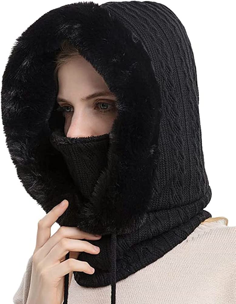CoCopeaunts Women Winter Fleece Beanie Hat One-Piece Drawstring Knit Beanie Hats Scarf Mask Ski Snow Skull Hat Cap