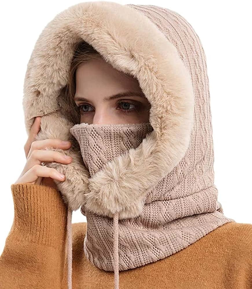 CoCopeaunts Women Winter Fleece Beanie Hat One-Piece Drawstring Knit Beanie Hats Scarf Mask Ski Snow Skull Hat Cap