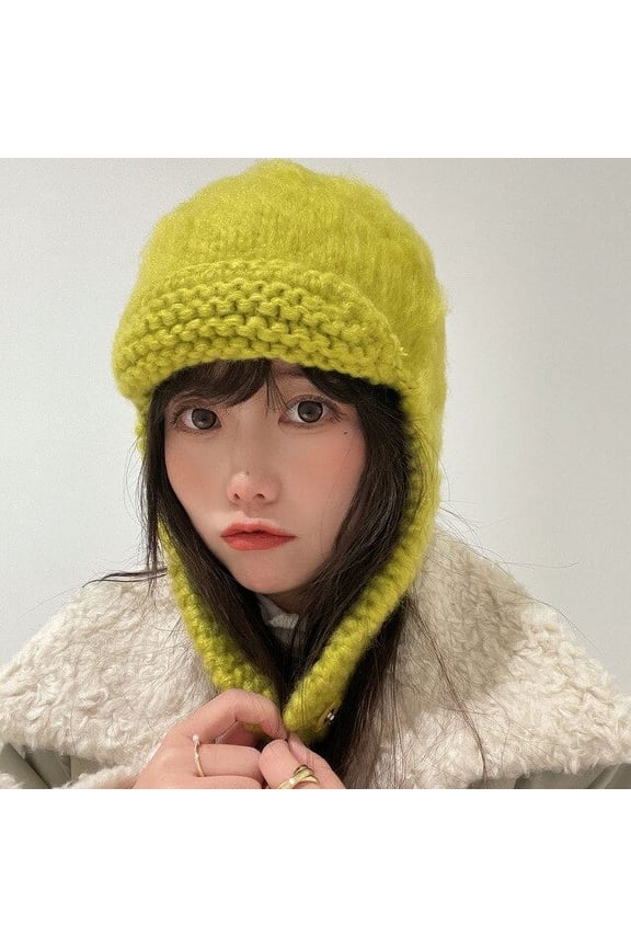Women Winter Knitted Hat Warm Beanie Hat for Women Solid Color Flanging Tie Up Ear Protection Windproof Warm Cap Bomber Hats