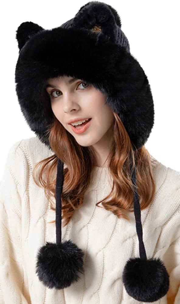CoCopeaunts Women Winter Pompom Beanie Hat Cute Cat Ear Knit Hat Faux Fur Warm Knit Crochet