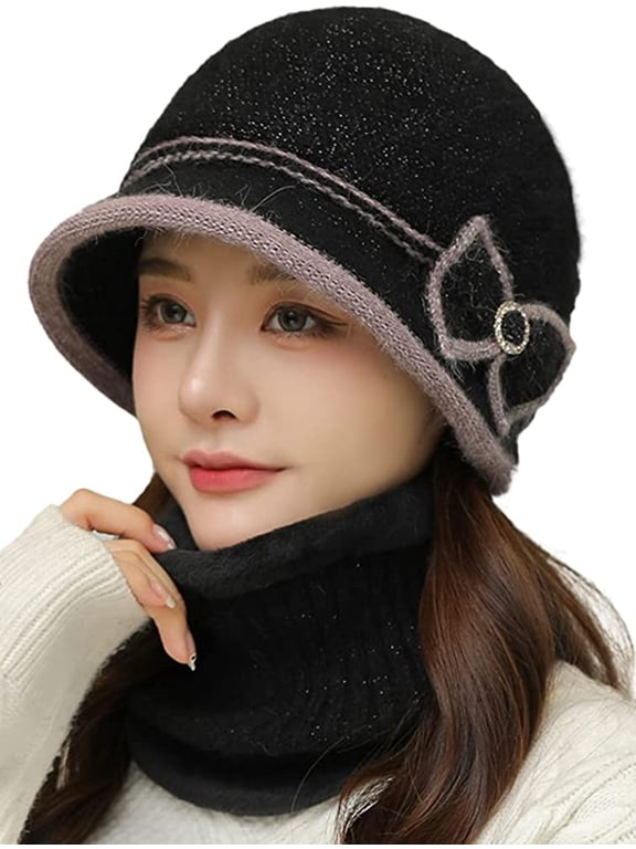 Women Wool Beanie Beret and Scarf Sets Knit Hat Fleece Lined Warm Bucket Hats Ski Cap Snow Hats Soft Hat and Scarf Set