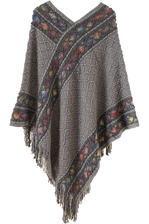 Women's Boho Cloak Casual Soft Blanket Scarf Versatile Knitted Poncho Cape Loose Shawl with Fringe Hem