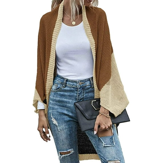 CoCopeaunts Women's Chunky Cardigan Fall Oversized Open Front Color Block Batwing Long Sleeve Knit Sweaters Cardigan Wrap