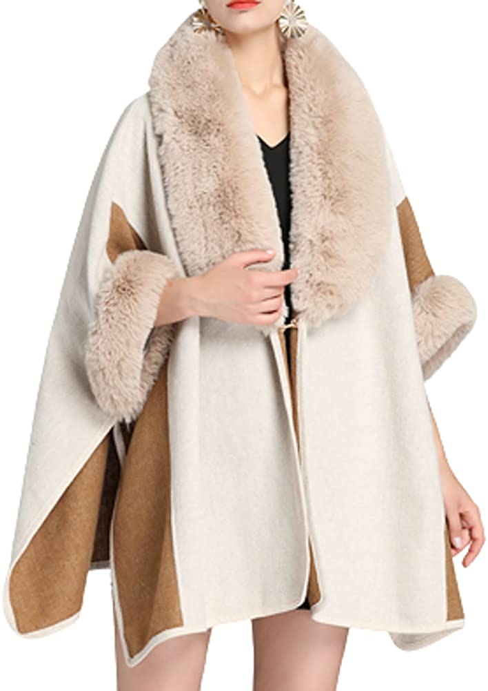 CoCopeaunts Women's Faux Fur Trim Coat Jacket Warm Stripe Wrap Cape Cloak Coat Faux Cashmere Cloak Poncho Cardigan Coat - image 1 of 5