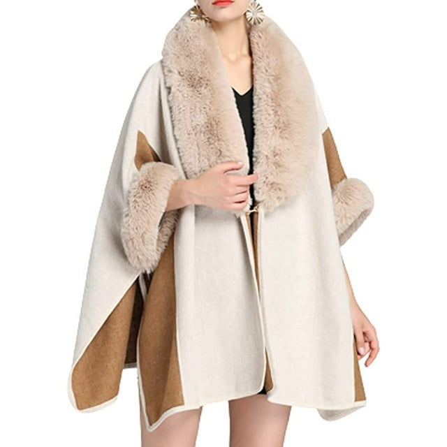 CoCopeaunts Women's Faux Fur Trim Coat Jacket Warm Stripe Wrap Cape Cloak Coat Faux Cashmere Cloak Poncho Cardigan Coat