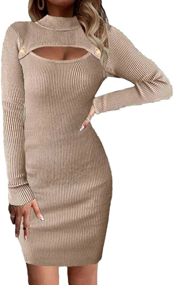 CoCopeaunts Women s Long Sleeve Mock Neck Sweater Dress Ribbed Knit Bodycon Pullover Mini Dress Cutout Chest Sweater Dress Walmart