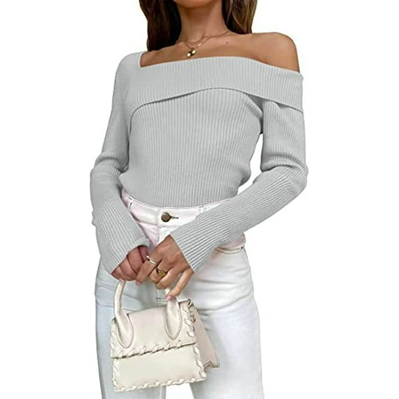 CoCopeaunts Women's Long Sleeve Off Shoulder Tunic Sweater Fall Winter Sexy Ribbed Knit Slim Fit Crop Tops