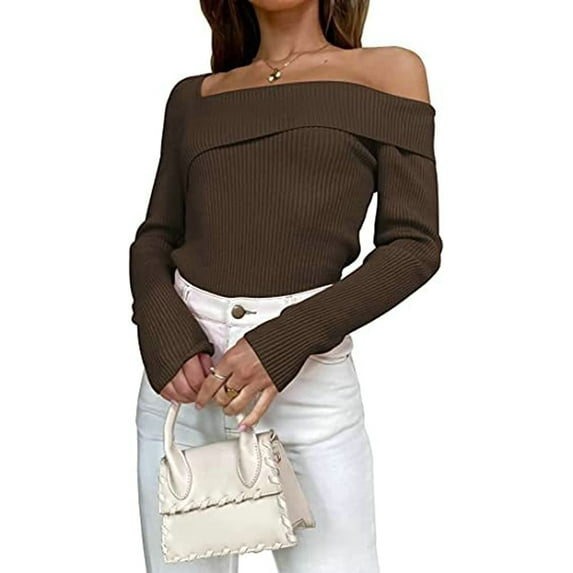 CoCopeaunts Women's Long Sleeve Off Shoulder Tunic Sweater Fall Winter Sexy Ribbed Knit Slim Fit Crop Tops