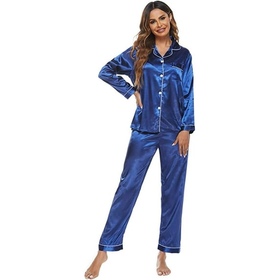 CoCopeaunts Women's Silk Satin Pajamas Set Long Sleeve Sleepwear 2 Piece Sweatsuit Ladies Lounge Set Soft Pjs Loungewear