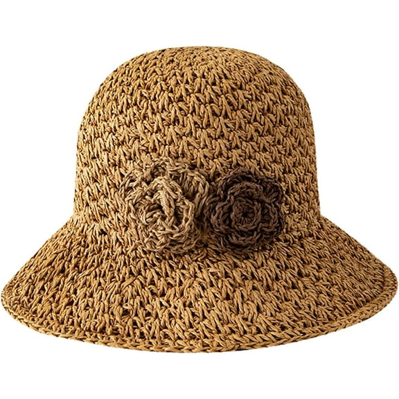 CoCopeaunts Women's Straw Bucket Hat Sweet Woven Flower Decorate Wide Brim Floppy Fisherman Hat Summer Outdoor Sunscreen
