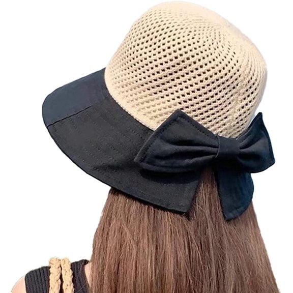 CoCopeaunts Women's Straw Bucket Hats Beach Sun Hats Straw Fisherman Hat Breathable Windbreak Rope Cute Bow Straw Cap for Vacation