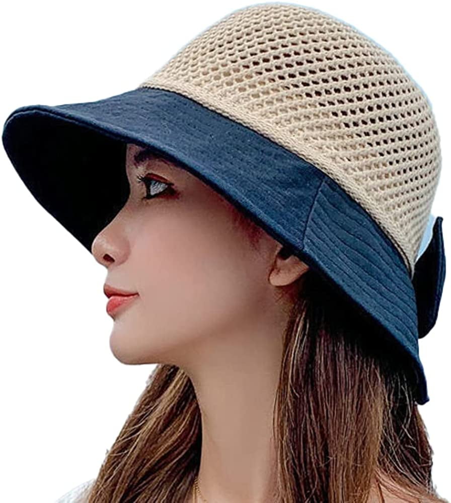 CoCopeaunts Women's Straw Bucket Hats Beach Sun Hats Straw Fisherman Hat  Breathable Windbreak Rope Cute Bow Straw Cap for Vacation 