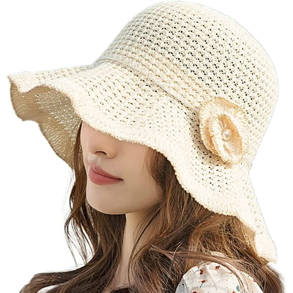 CoCopeaunts Women's Straw Bucket Hats Beach Sun Hats UV Protection Straw Rain Hats Breathable Foldable Casual Travel Wide Brim Summer