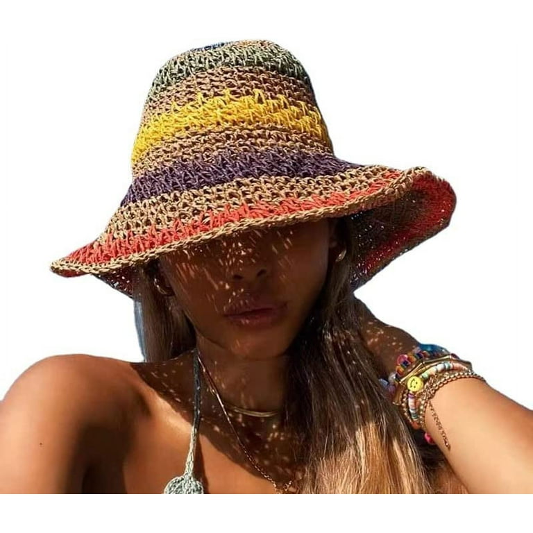 CoCopeaunts Women's Sun Hat Raffia Rainbow Girl Wide Brim Floppy Summer  Hats Beach Panama Straw Dome Bucket Hat Shade Hat (Khaki) 