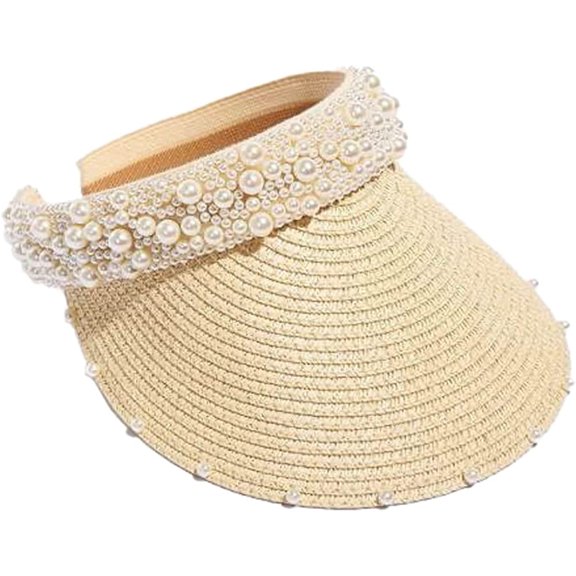 CoCopeaunts Women's Sun Straw Hats Straw Visors Beach UV Protection Wide Brim Cap Elegant Pearl Topless Sun Hats Breathable Straw Visors
